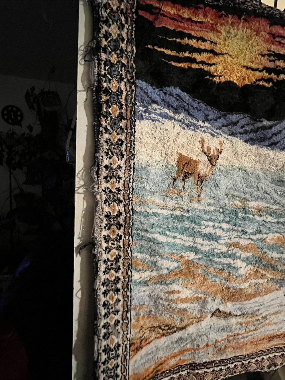 Vintage Velvet Tapestry Wall Hanging Carpet reindeer Deer Wildlife sunset